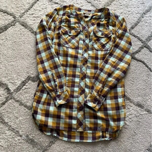 Duluth Trading flannel shirt plaid yellow purple baby blue button front XS